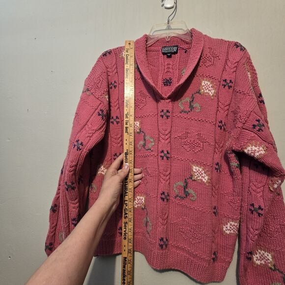 Vtg Lands End Floral Embroidered Sweater Women MED Pink Chunky Knit Cottage Boho - Picture 6 of 8